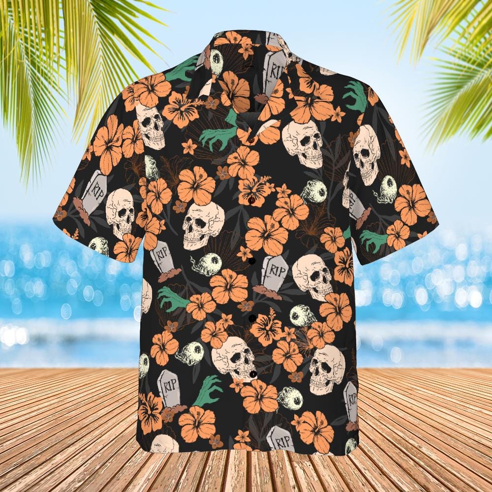 Halloween Button Down Shirt, Halloween Hawaiian Shirt Skeleton Halloween Pattern
