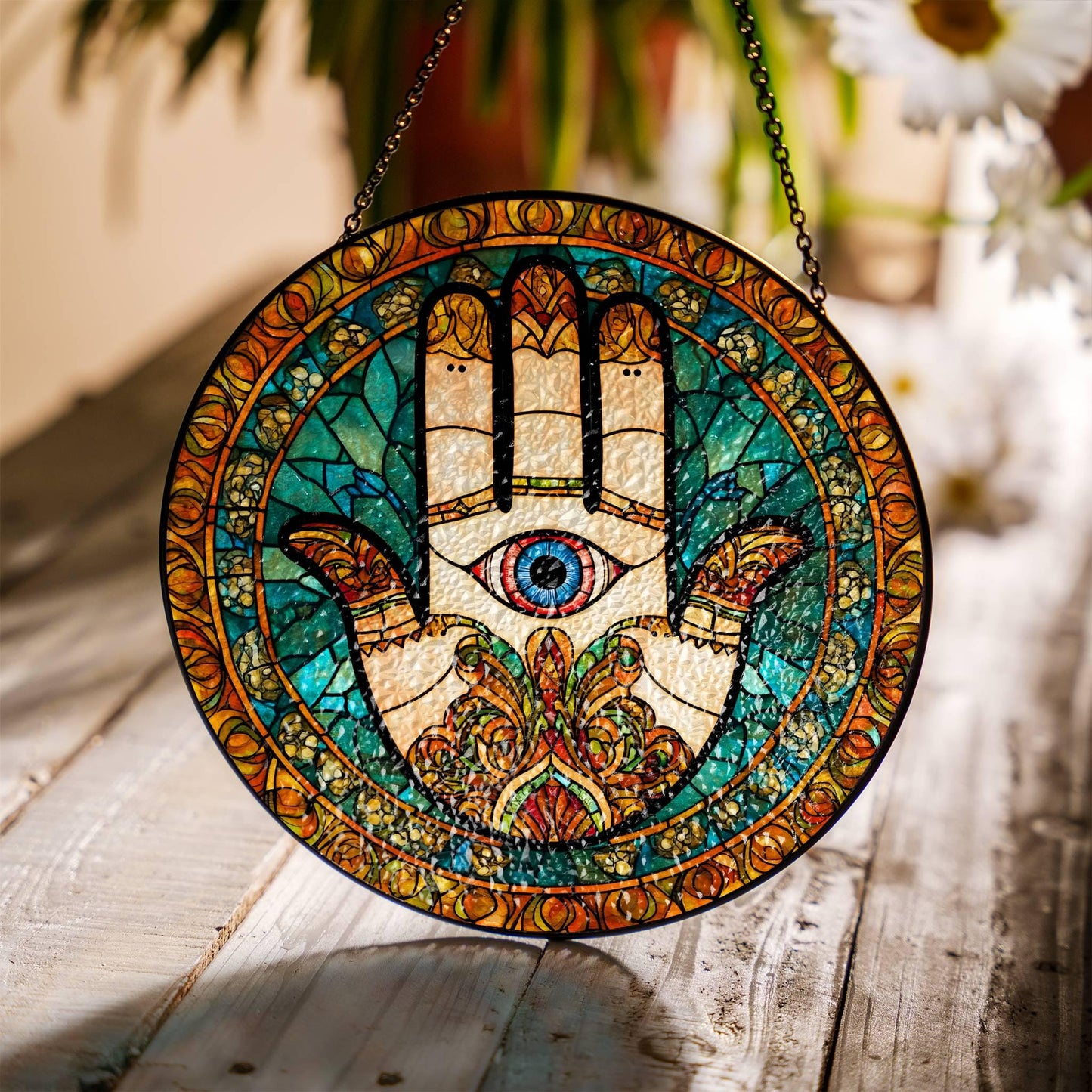 Hamsa Hand Stained Glass Sun Catcher - Hand of Fatima Window Hanging Decor