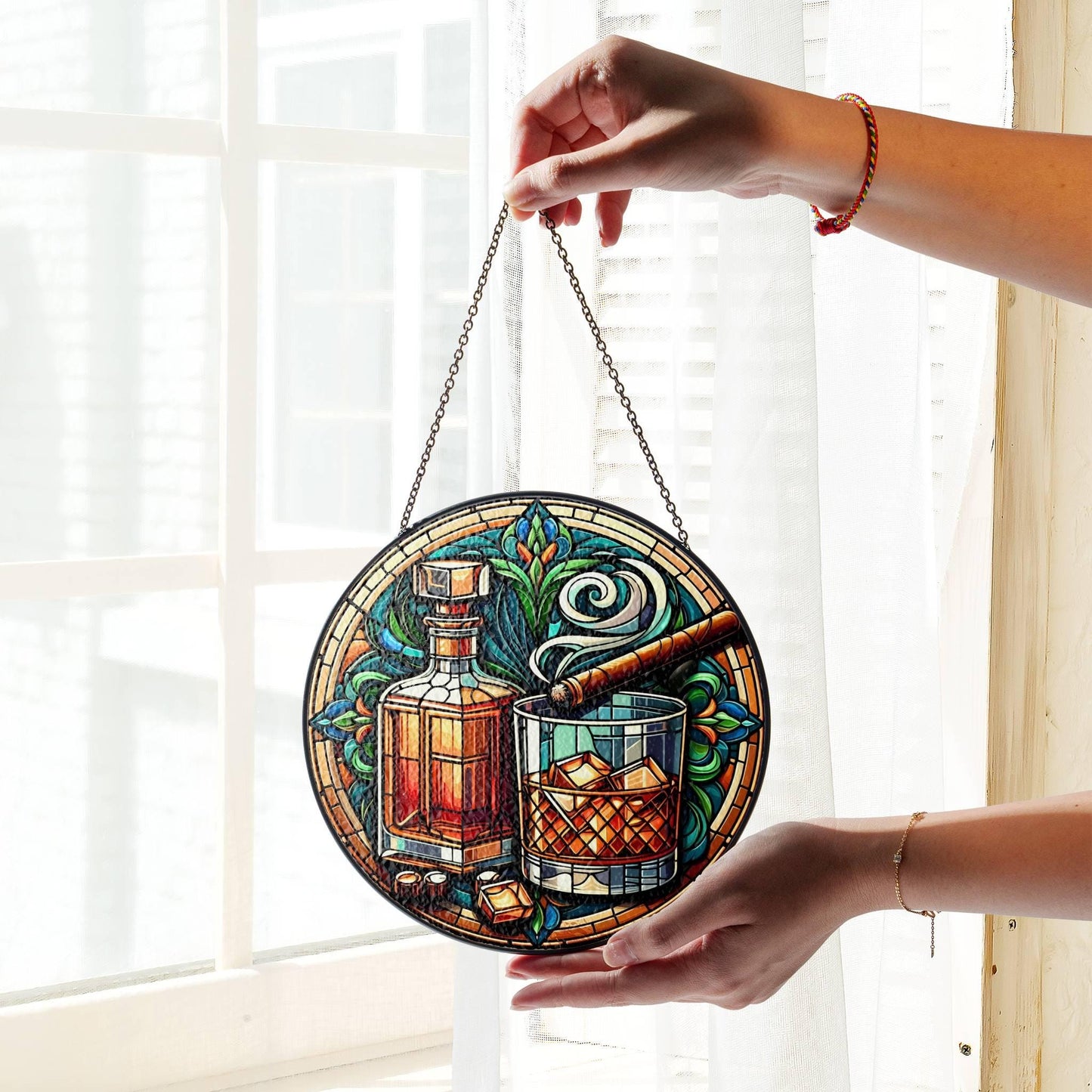 Whiskey Stained Glass SunCatcher Whisky Window Hanging Home Decor