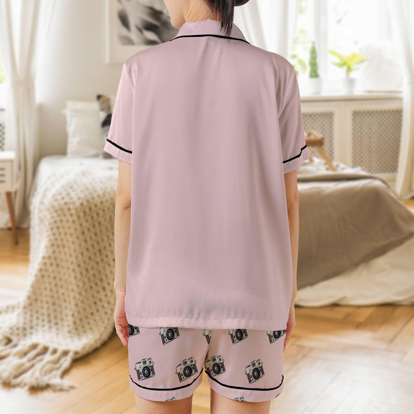 Photography Pajama Set Short Sleeves, Photo Camara Woman's Pink Satin Pajama