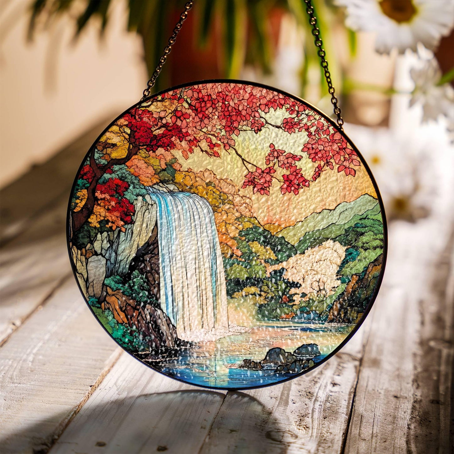Waterfall Stained Glass SunCatcher Forest Landscape Light Catcher Window Hanging