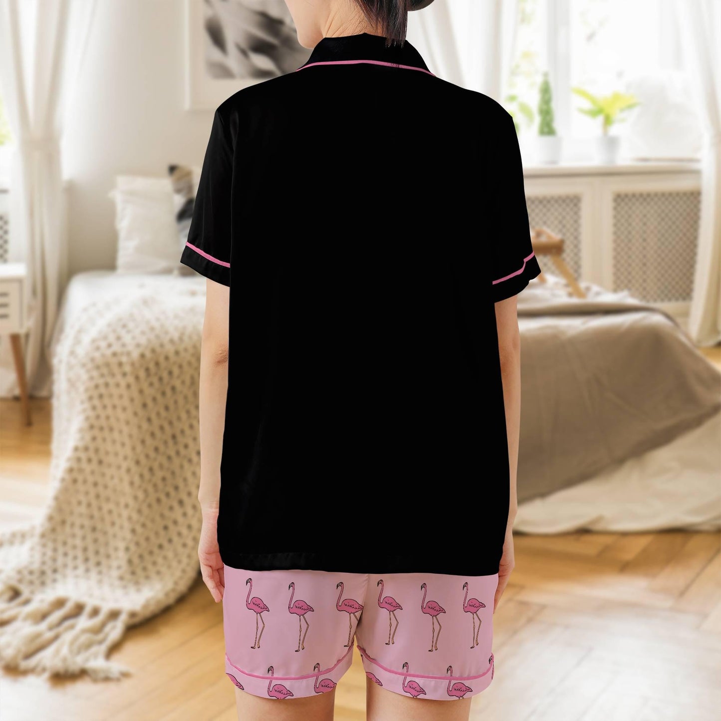 Flamingo Satin Pajama Set - Womens Short Sleeve Pink Black Sleepwear