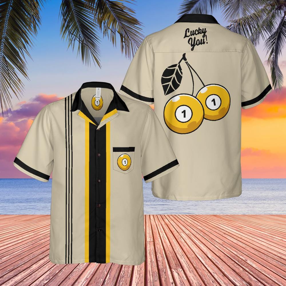 Lucky You Cherry One 1 Ball Button Down Shirt with Pocket, One Ball Short-sleeve Hawaiian