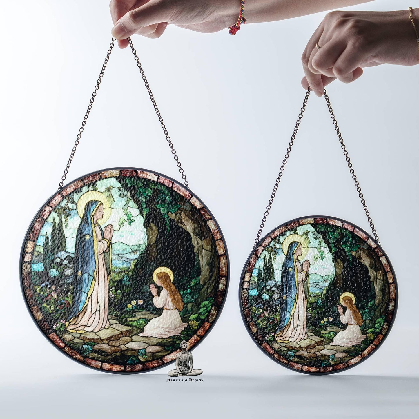 Stained Glass Lady of Lourdes Suncatcher Virgin Mary Religious Window Hanging