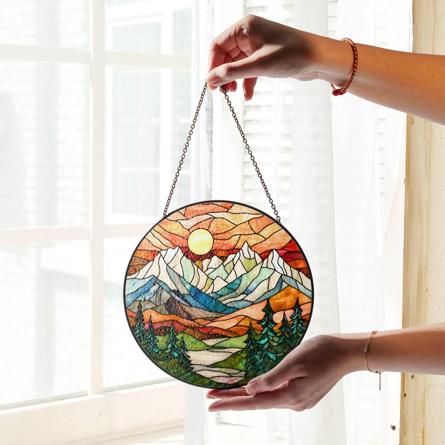 Mountain Range Stained Glass SunCatcher Sunset Window Hanging Scenery Art Decor