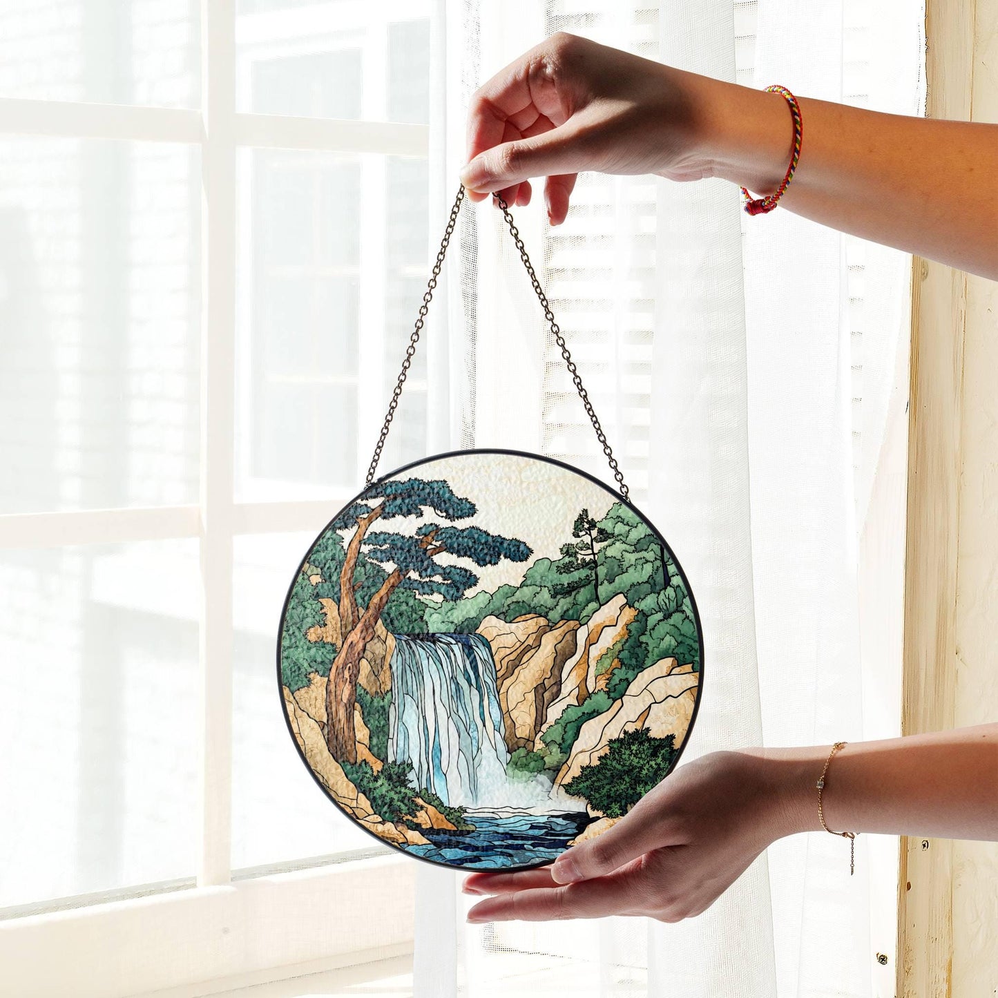 Waterfall Stained Glass SunCatcher Forest Landscape Light Catcher Window Hanging