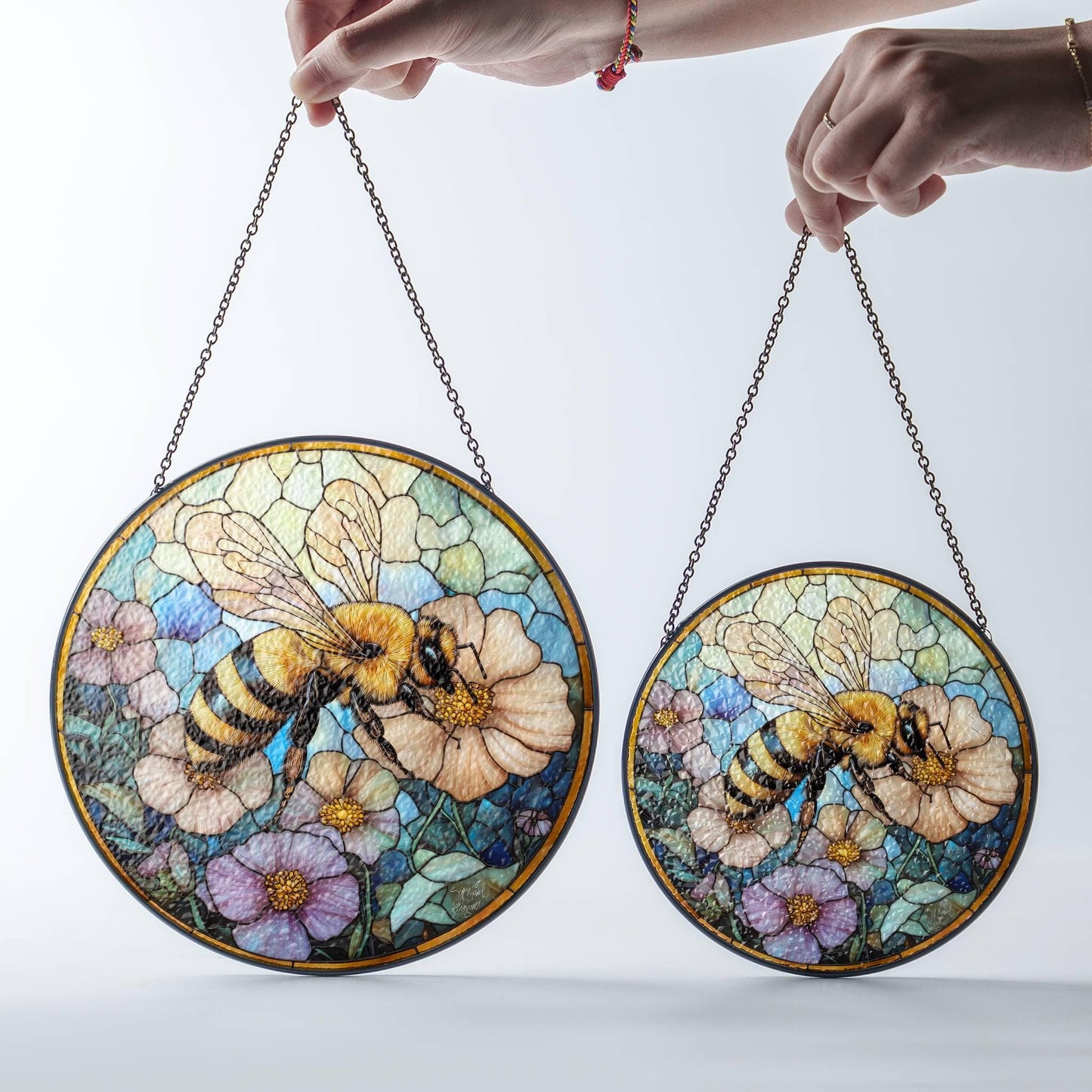 Bee Stained Glass SunCatcher Honey Bee with Flowers Window Hanging Decor