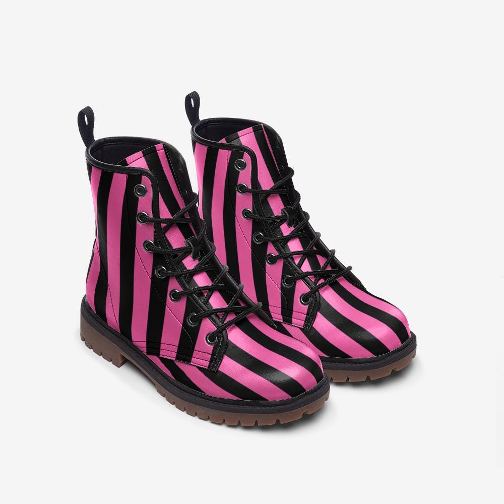 Black & Hot Pink Stripes Boots Vegan Leather Lightweight Combat Boots Boots