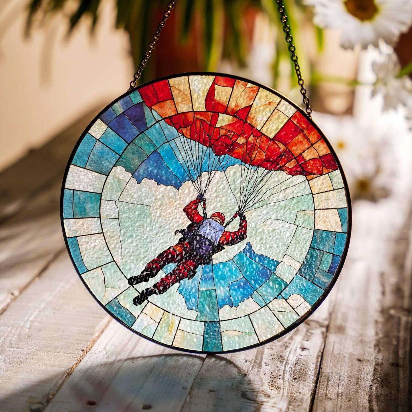 SkyDiving Stained Glass Sun Catcher - Parachute Window Hanging Decor Sky Diver Gift