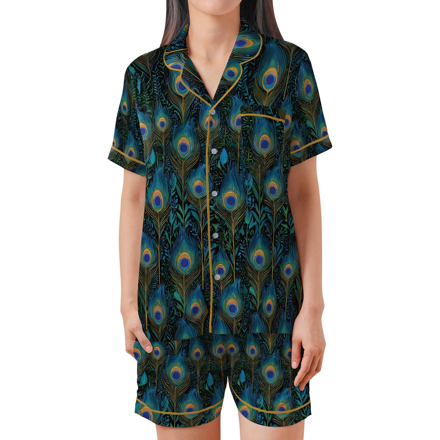 Peacock Pajama Set Short Sleeves, Peacock Feathers Woman's Satin Pajamas