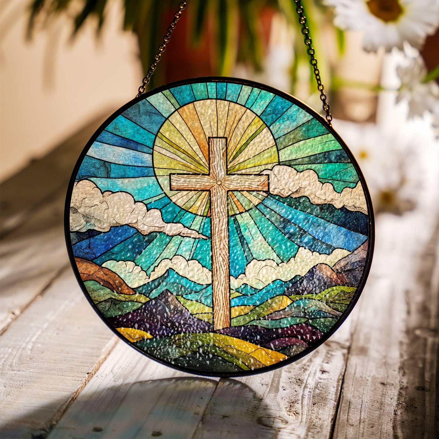 Christian Cross Stained Glass SunCatcher Christian Window Hanging Jesus Home Art