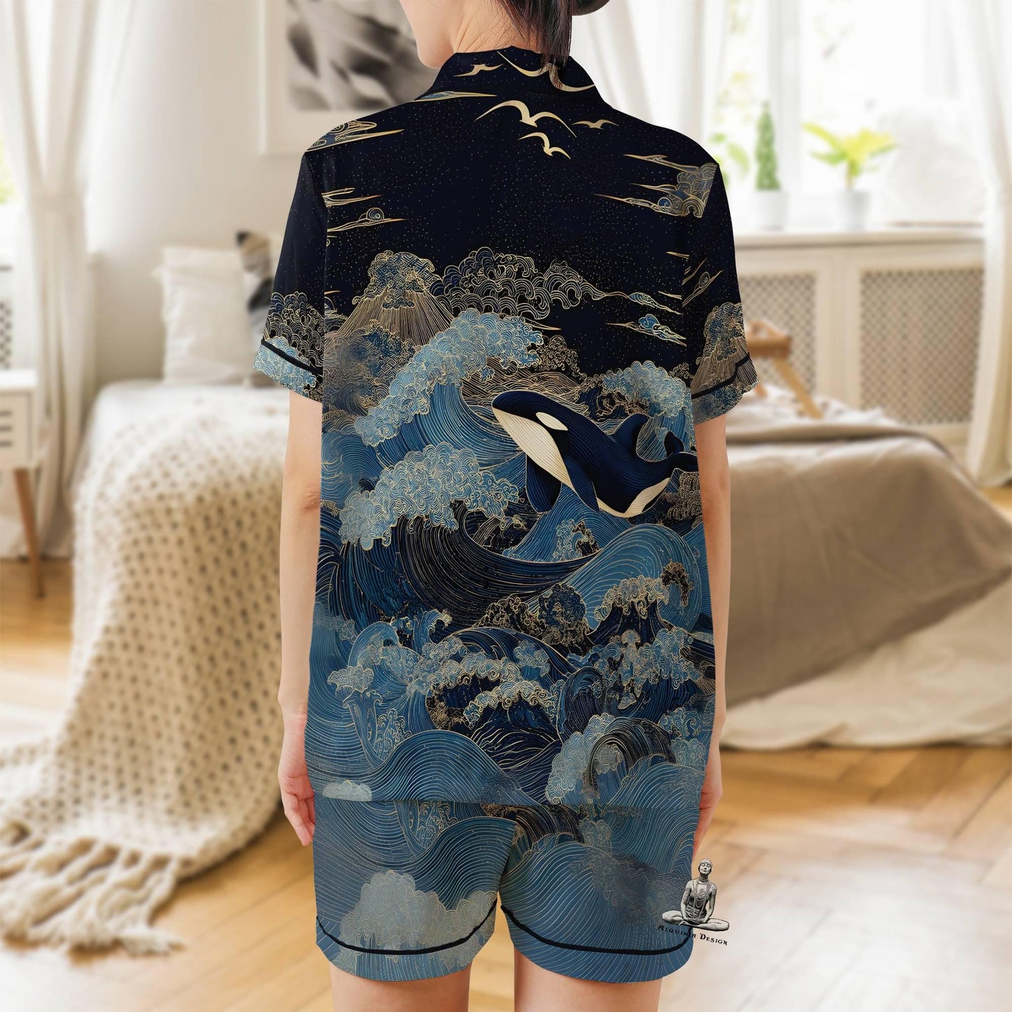Orca Pajama Set Short Sleeves, Killer Whale Woman's Satin Pajamas Ocean Lover
