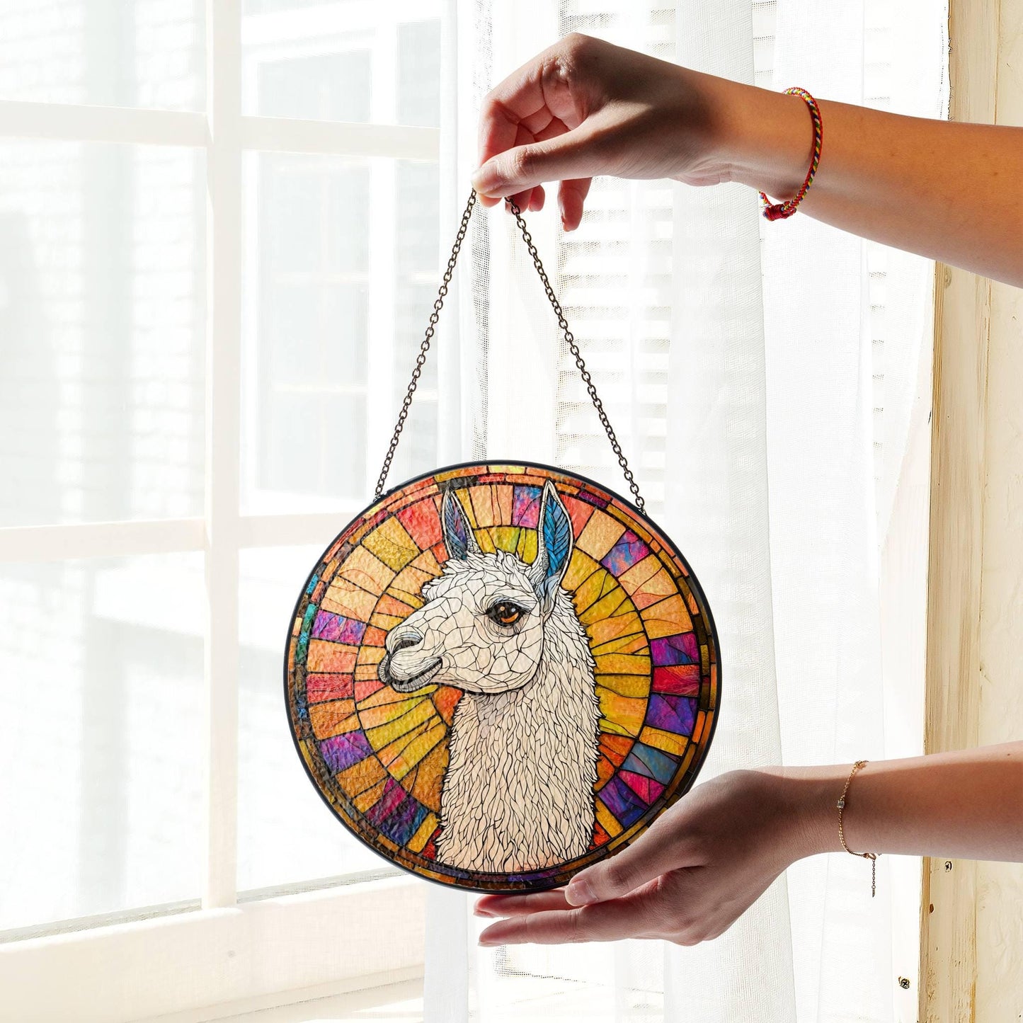 Llama Stained Glass Sun Catcher - Alpaca Window Hanging Decor