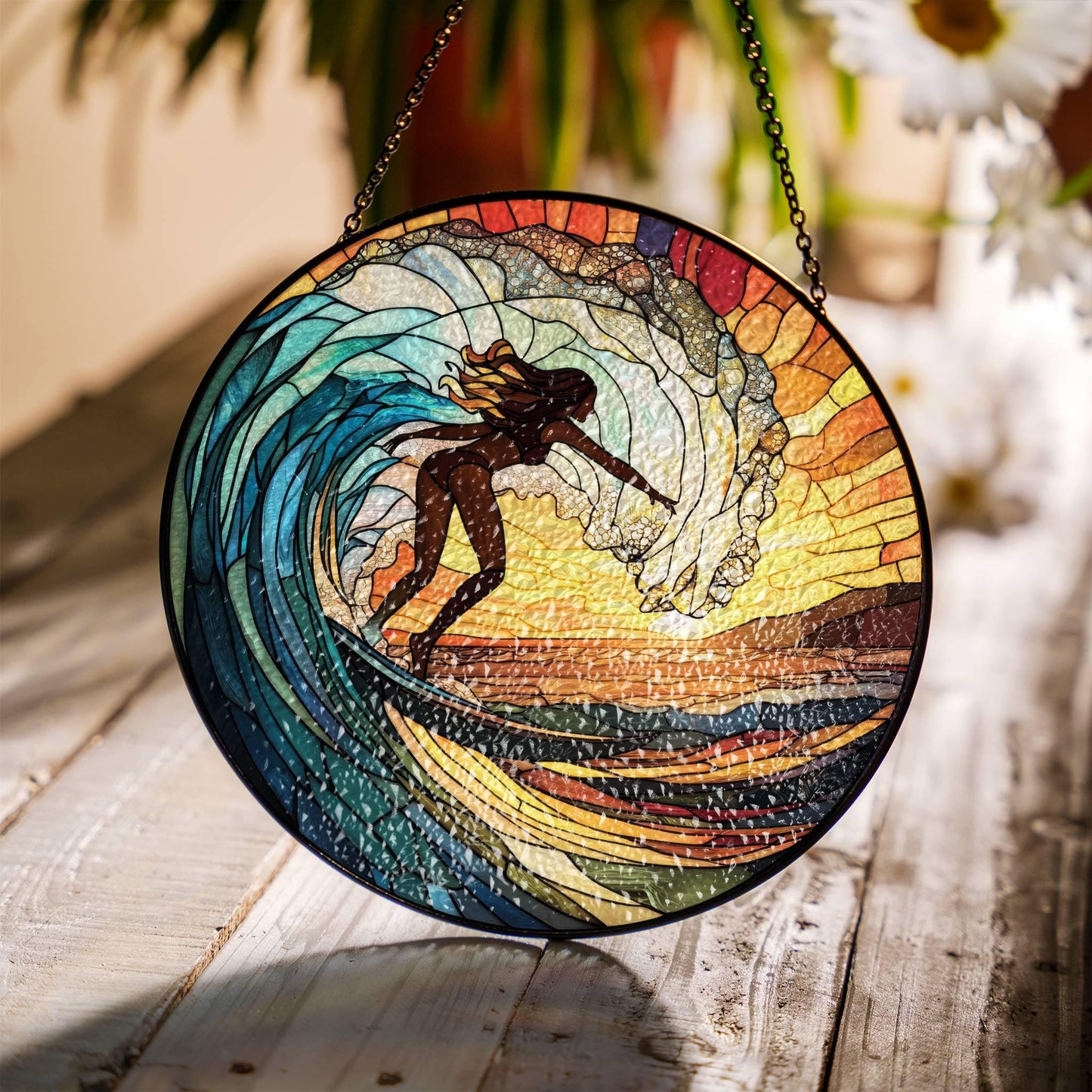 Surfing Stained Glass Sun Catcher - Beach Sunset Window Decor for Surf Lovers