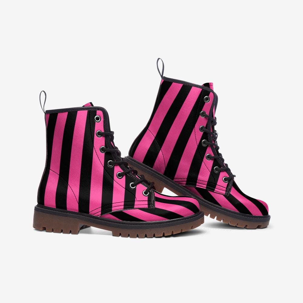 Black & Hot Pink Stripes Boots Vegan Leather Lightweight Combat Boots Boots