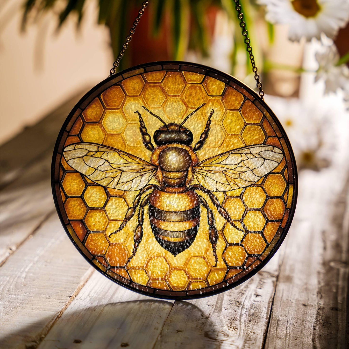 Bee Stained Glass SunCatcher Honey Bee with Flowers Window Hanging Decor