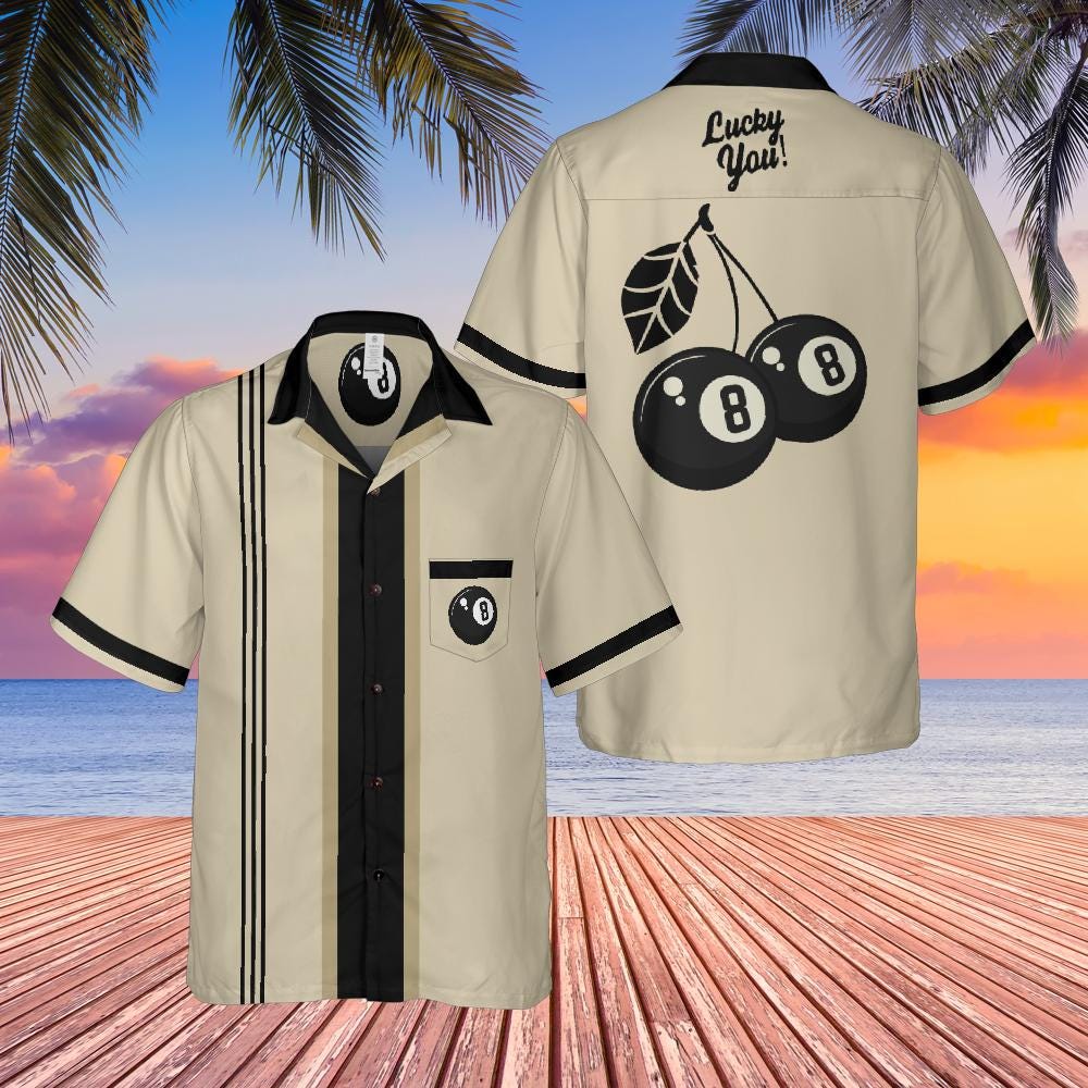 Lucky You Cherry 8 Ball Button Down Shirt with Pocket, Eight Ball Short-sleeve Hawaiian