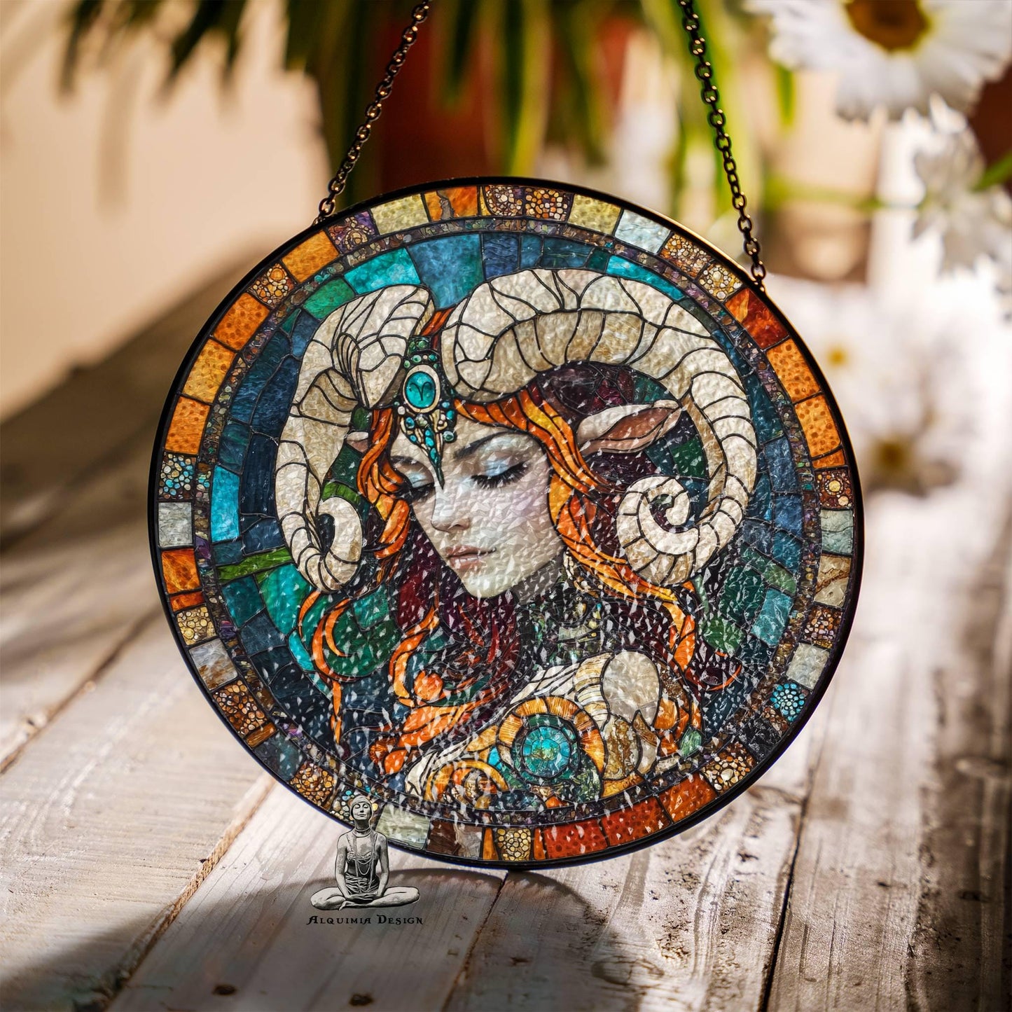 Aries Stained Glass Zodiac SunCatcher Aries Zodiac Sign Window Hanging Decor