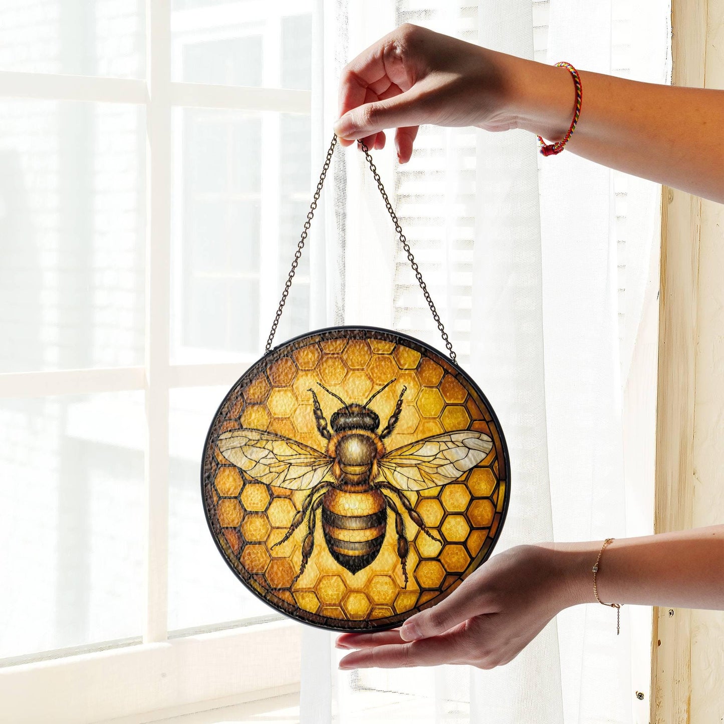 Honey Bee Stained Glass SunCatcher Bee with Flowers Light Catcher Window Hanging