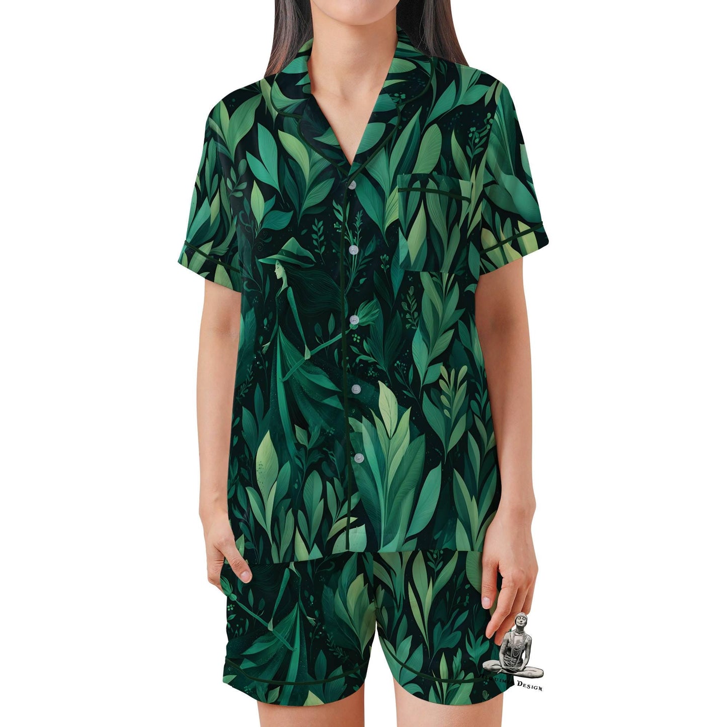 Green Witch Satin Pajama Set - Short Sleeve Wiccan Gift for Plant Lovers Witch