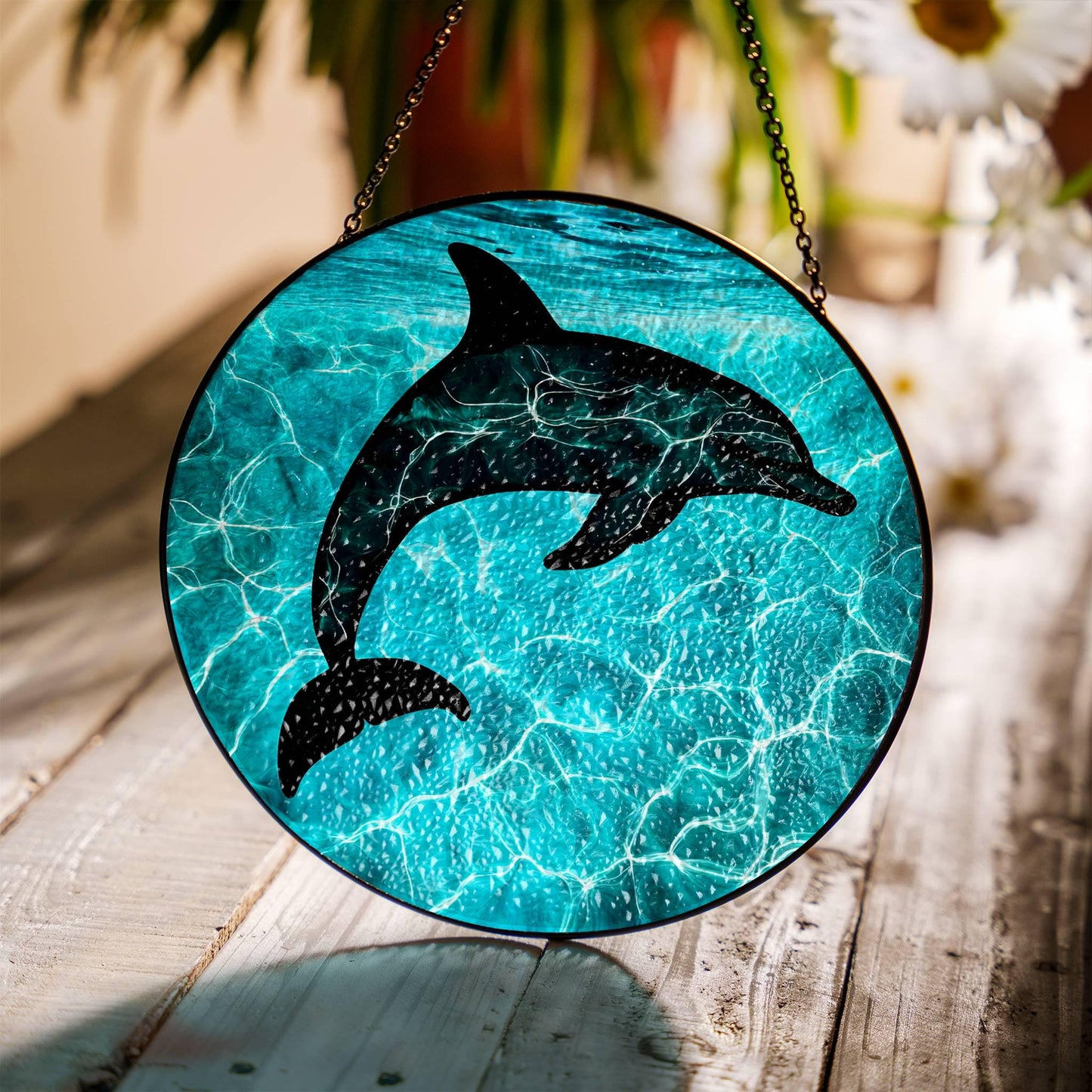 Dolphin Stained Glass SunCatcher Ocean Art Window Hanging Art Summer Decor