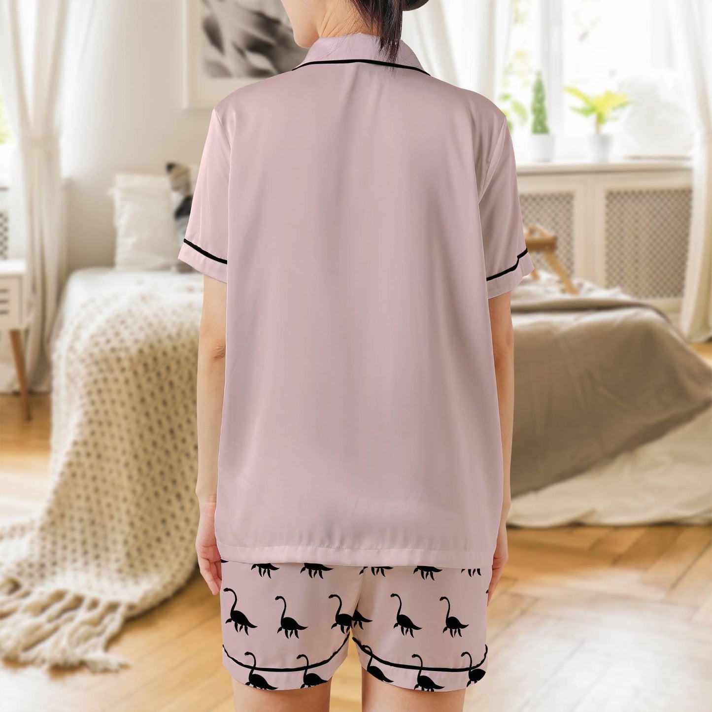Loch Ness Pajama Set Short Sleeves Nessie Woman's Pink Satin Pajamas