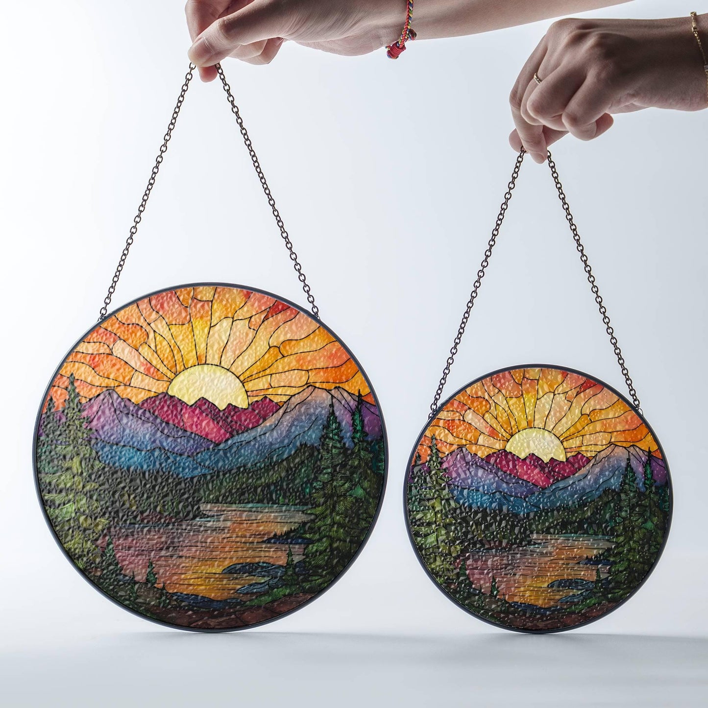 Mountain Range Stained Glass SunCatcher Sunset Window Hanging Scenery Art Decor