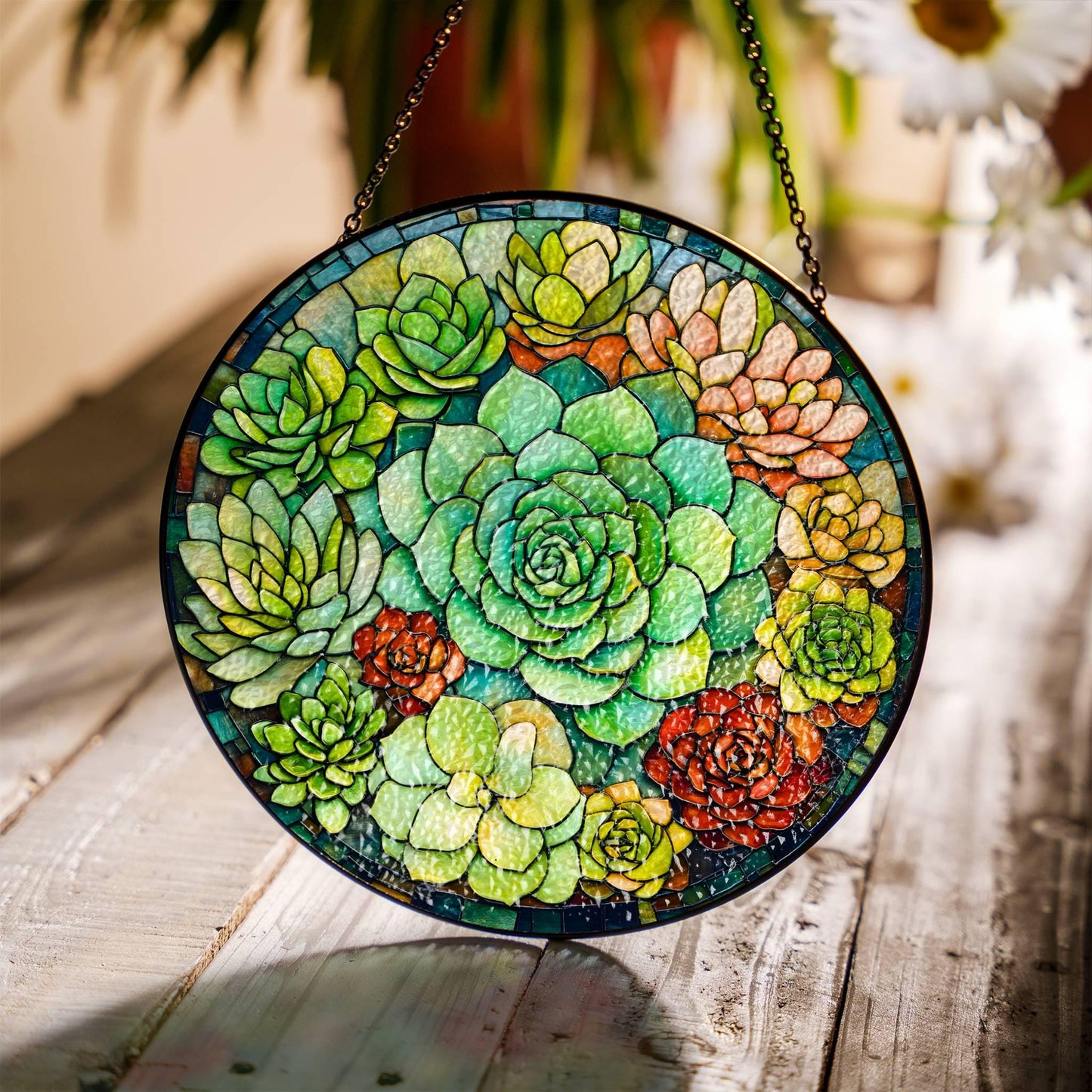 Succulent Stained Glass Sun Catcher - Window Hanging Plant Lover Decor Gift