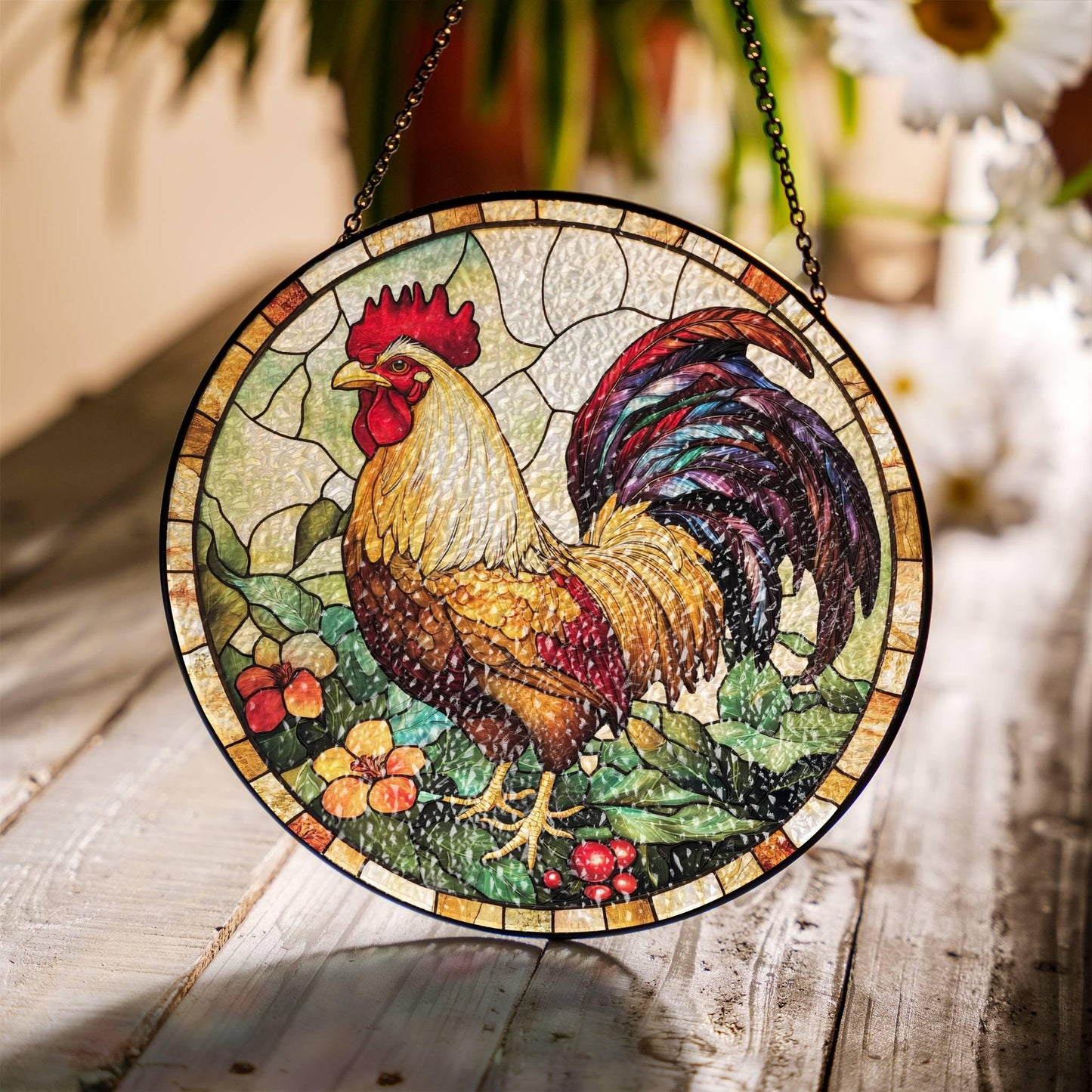 Chicken Stained Glass SunCatcher Farm Animal Window Hanging Home Decor Gift