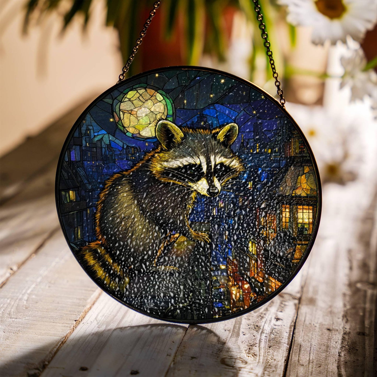 Raccoon At Night Stained Glass SunCatcher Raccoon Window Hanging Home Decoration