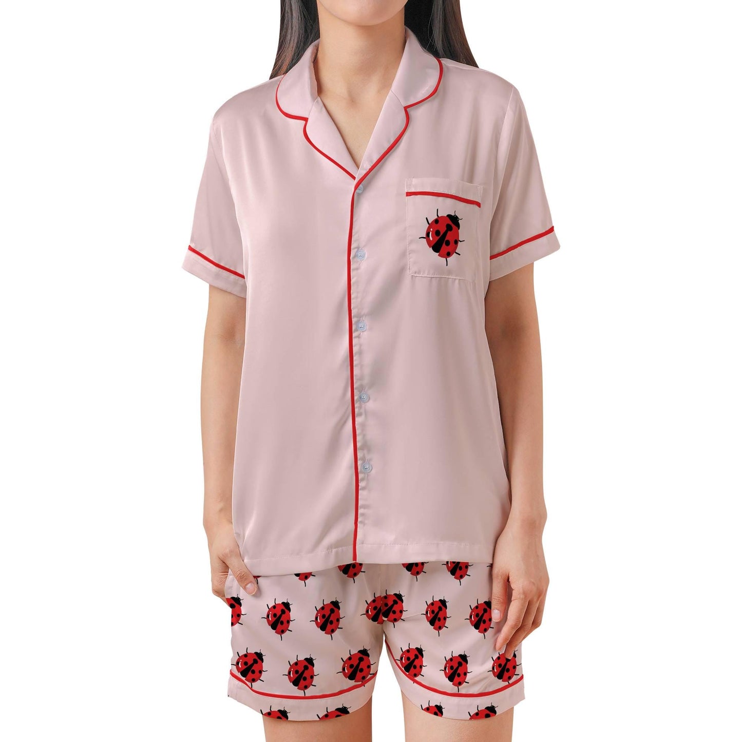 Ladybug Pajama Set Short Sleeves Lady Bug Woman's Pink Satin Pajamas