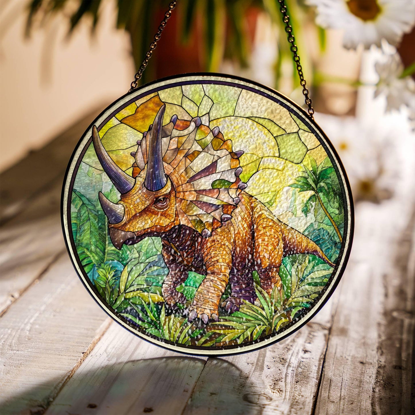 Triceratops Stained Glass SunCatcher Dinosaur Window Hanging Home Decoration
