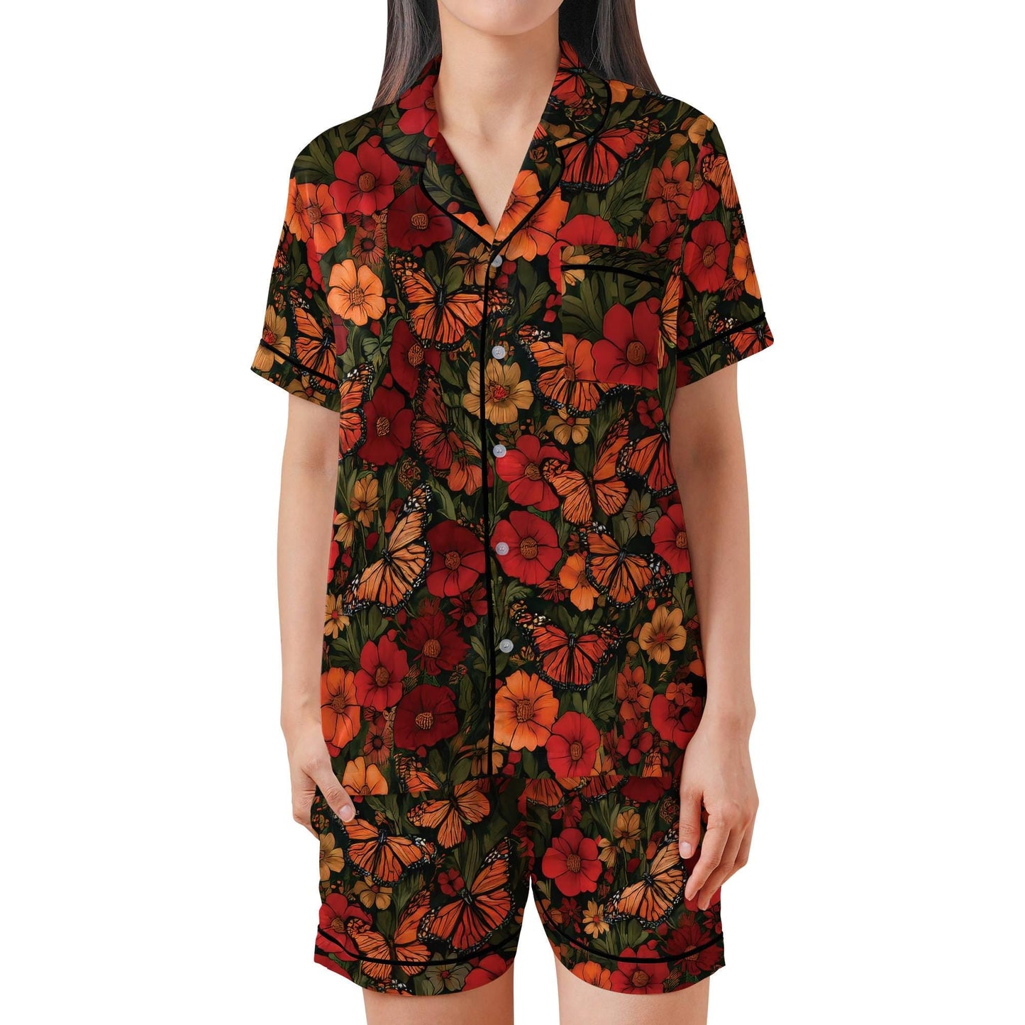 Monarch Butterfly Short Sleeves Pajama Set, Butterfly and Flowers Satin Pajamas