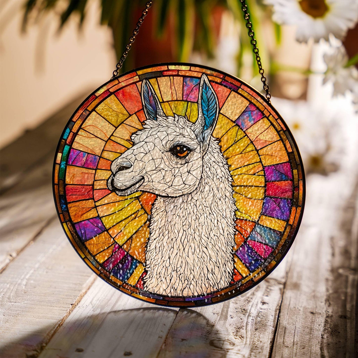 Llama Stained Glass Sun Catcher - Alpaca Window Hanging Decor