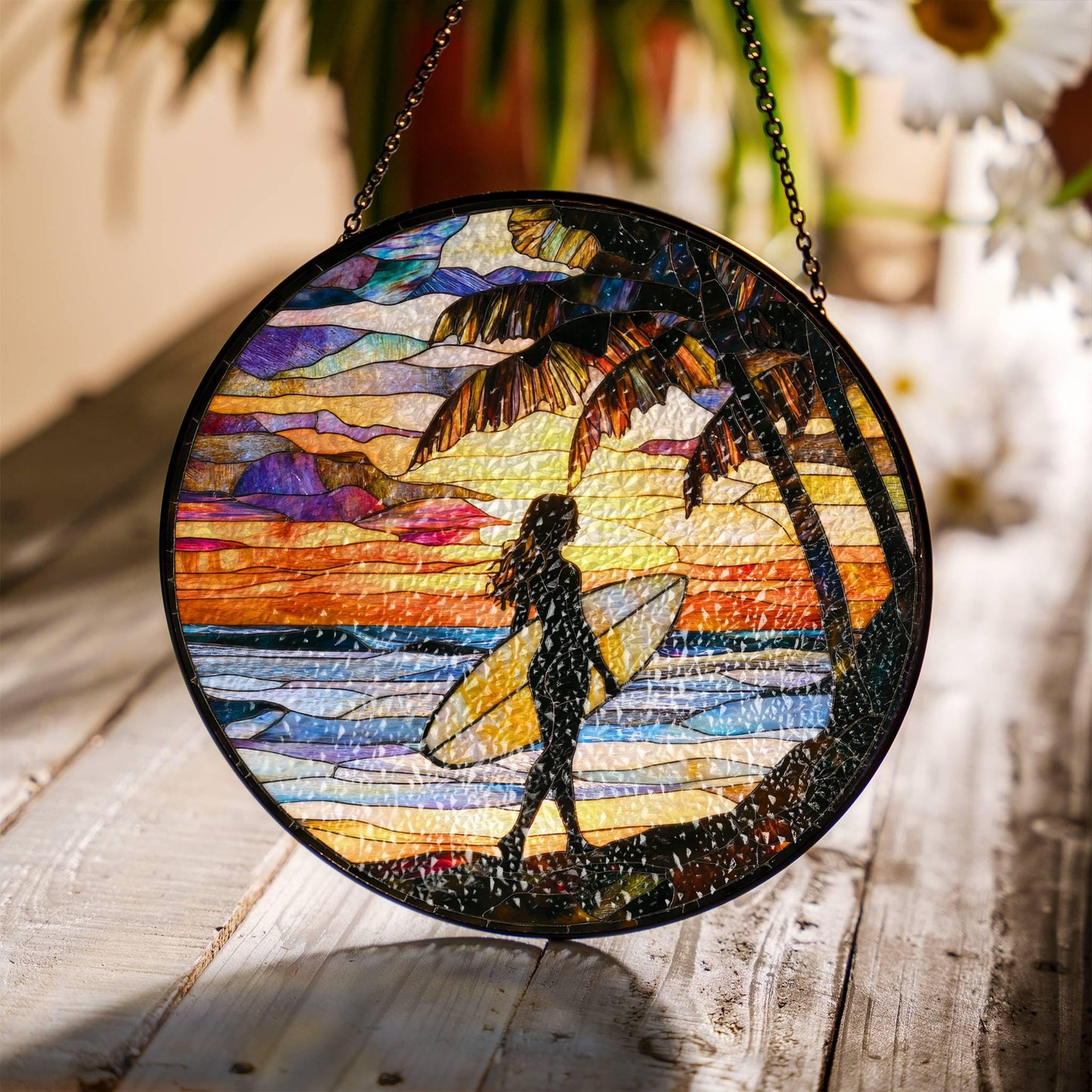 Surfing Stained Glass Sun Catcher - Beach Sunset Window Decor for Surf Lovers