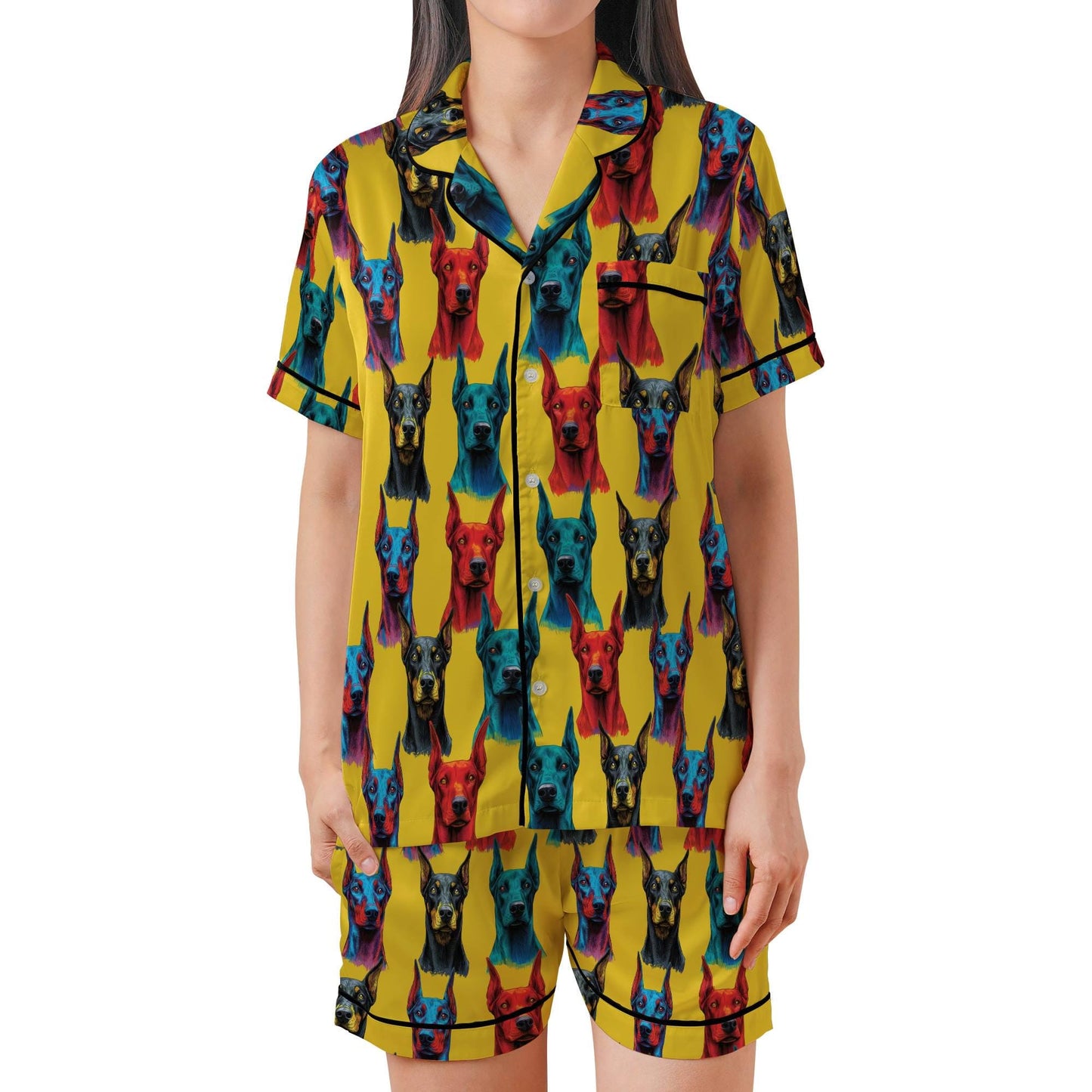 Doberman Dog Pajama Set Short Sleeves, Doberman Dog Lover Gift Satin Pajamas