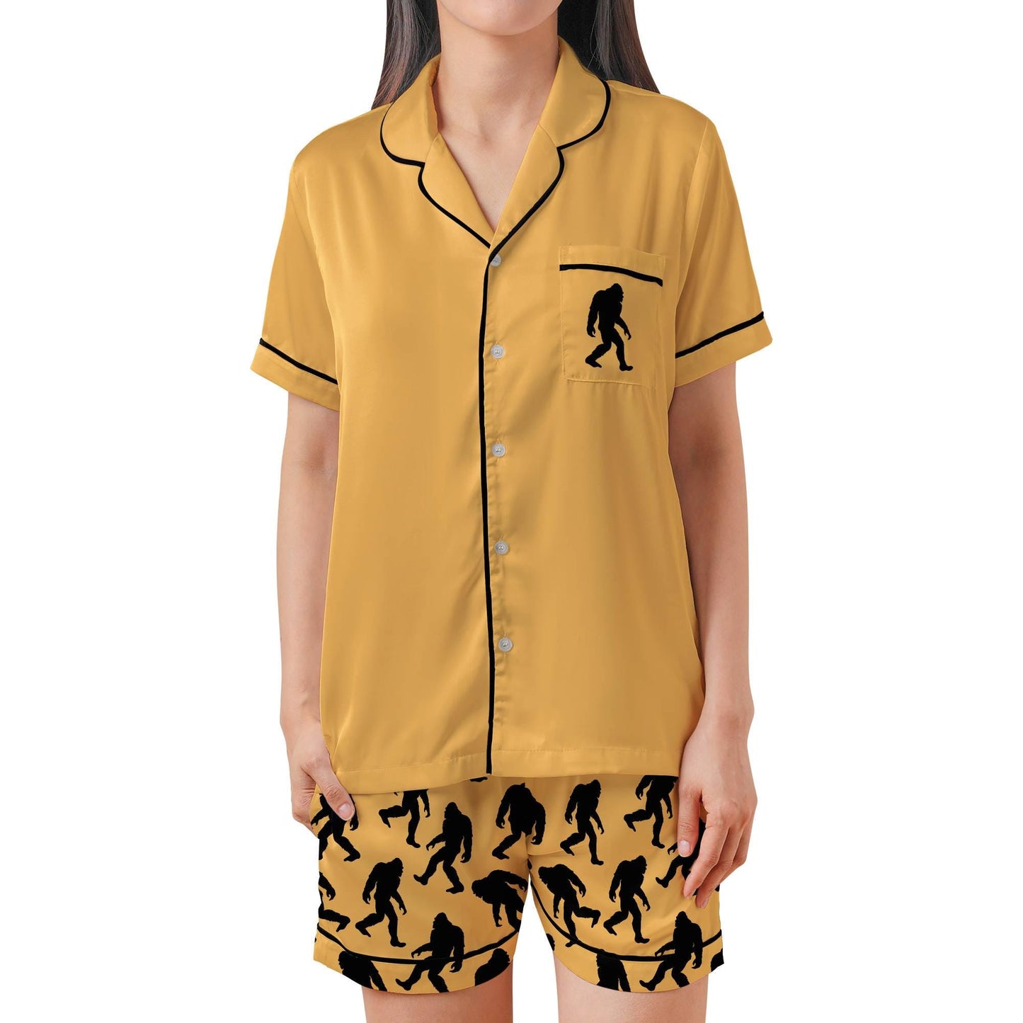 Bigfoot Satin Pajama Set - Sasquatch Womens Short Sleeve Shorts Sleepwear