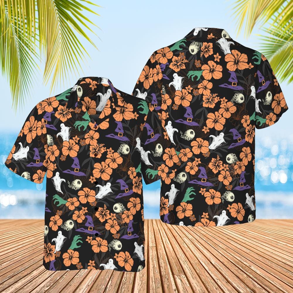 Halloween Hawaiian Shirt, Halloween Button Down Shirt Ghost Witch Skeleton Halloween Pattern