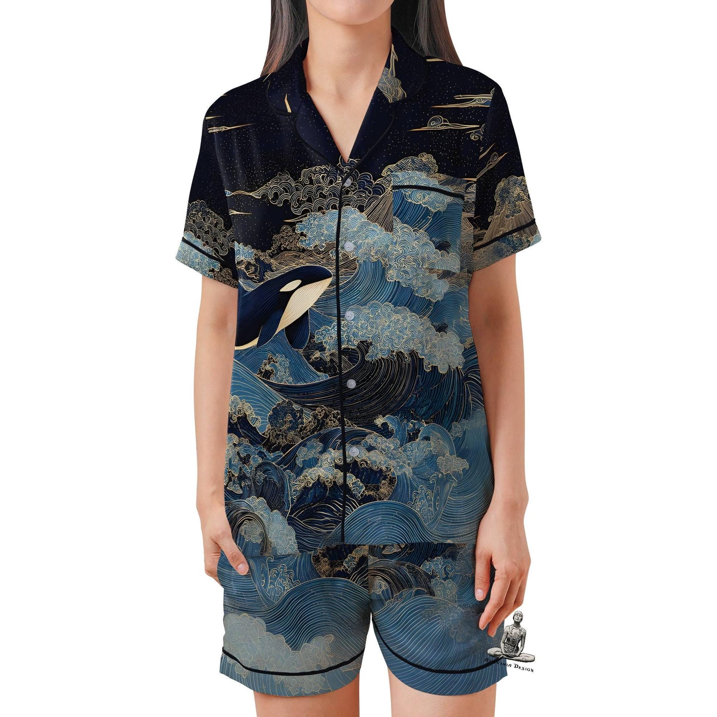 Orca Pajama Set Short Sleeves, Killer Whale Woman's Satin Pajamas Ocean Lover
