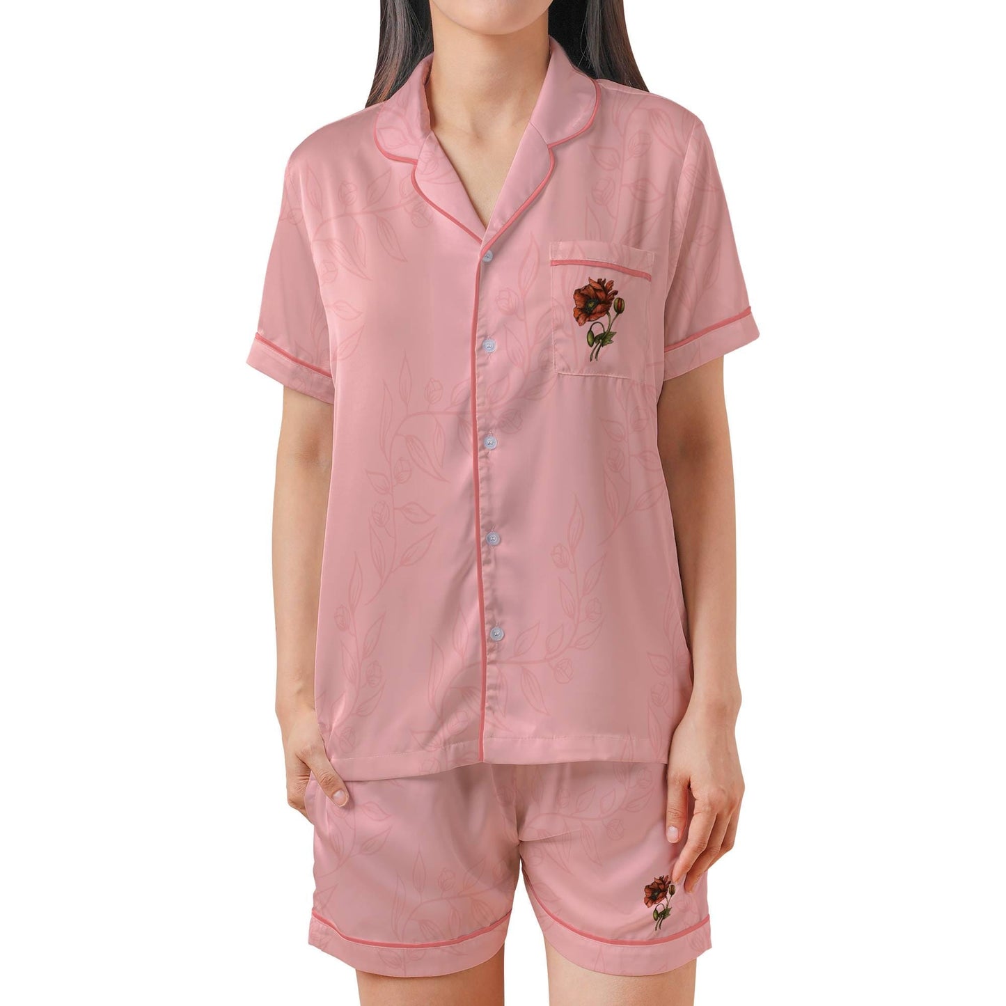 August Birth Flower Pajama Set - Womens Poppy Short Sleeves Shorts Light Pink