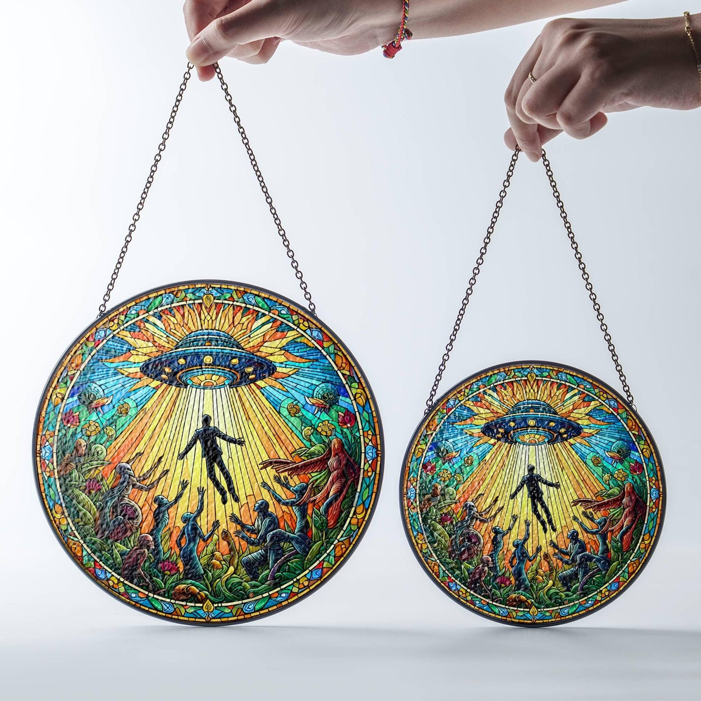 UFO Stained Glass SunCatcher UFO Abduction LightCatcher Cryptid Window Hanging