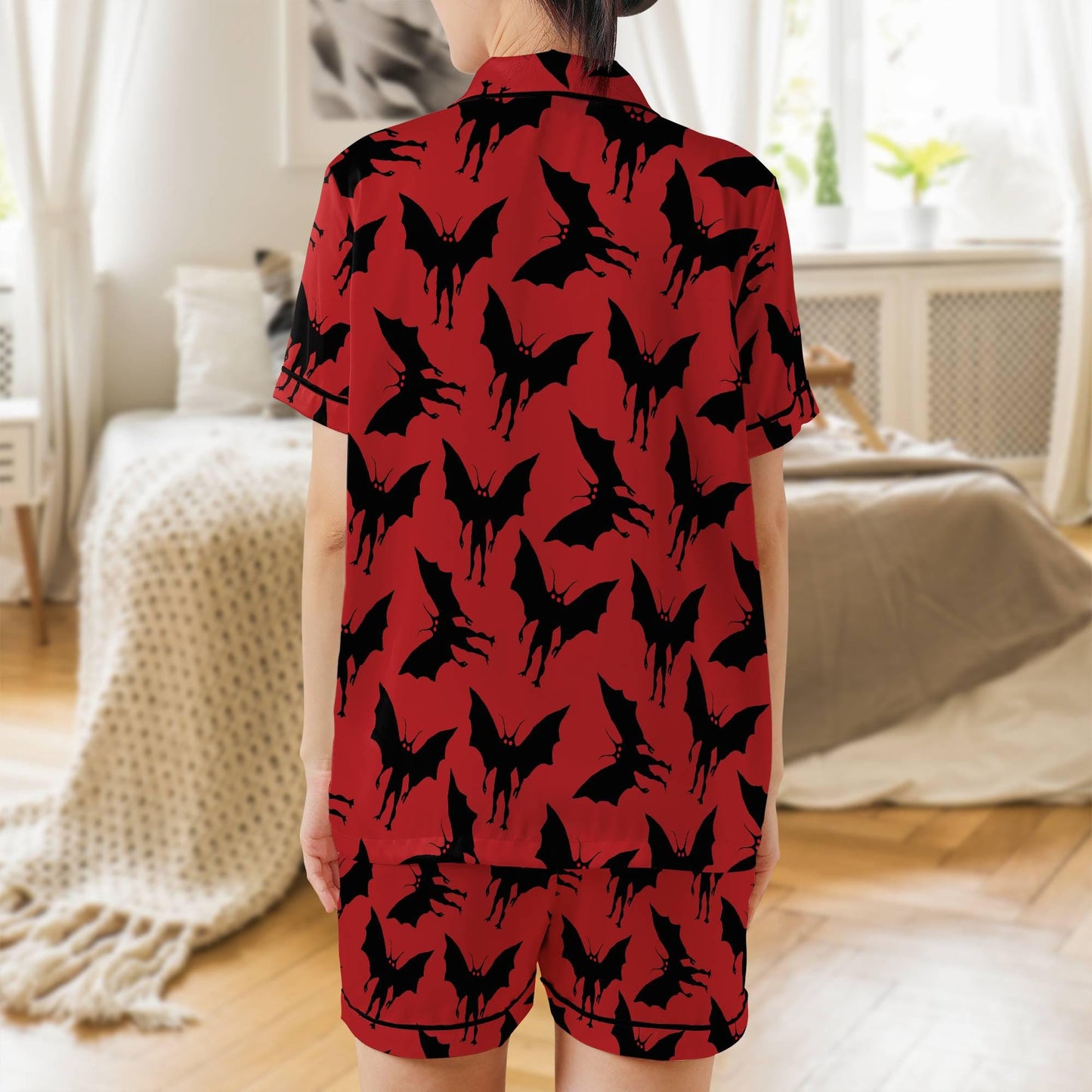 Mothman Short Sleeves Pajama Set, Moth Man Woman's Red Satin Pajamas