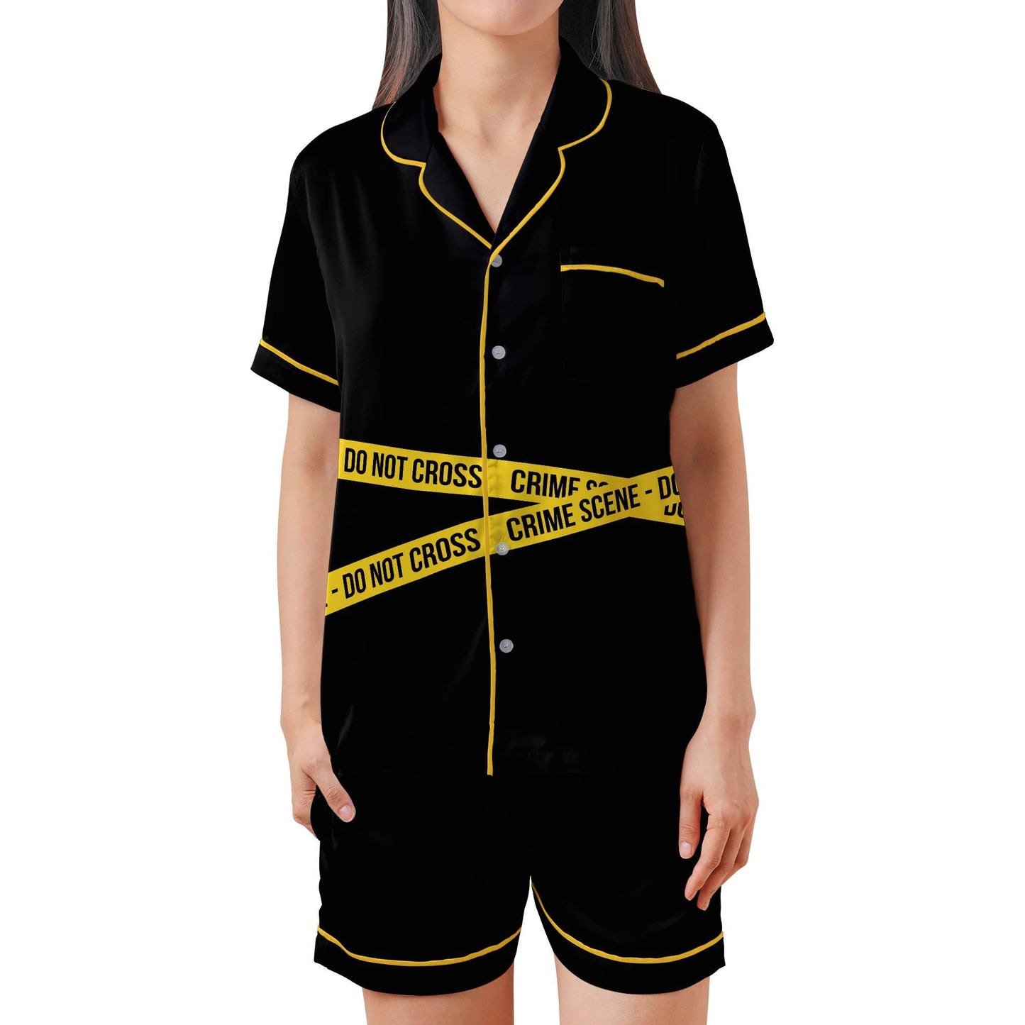 True Crime Scene Pajama Set - Satin Short Sleeve Shorts for Women