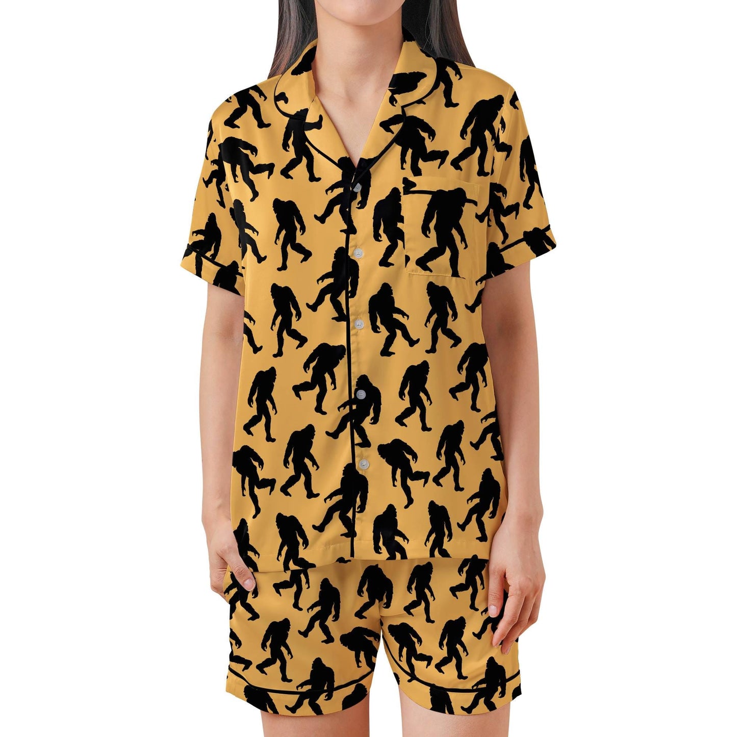 Bigfoot Satin Pajama Set - Sasquatch Womens Short Sleeve Shorts Sleepwear