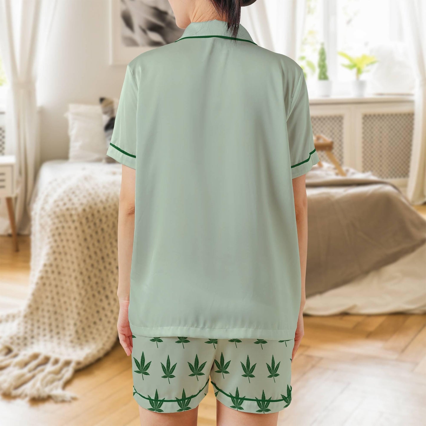 Weed Pajama Set - Stoner Womens Satin Stoner Short Sleeve Shorts Cannabis