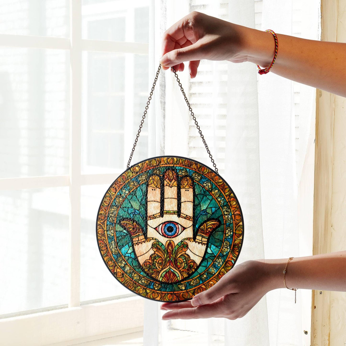 Hamsa Hand Stained Glass Sun Catcher - Hand of Fatima Window Hanging Decor