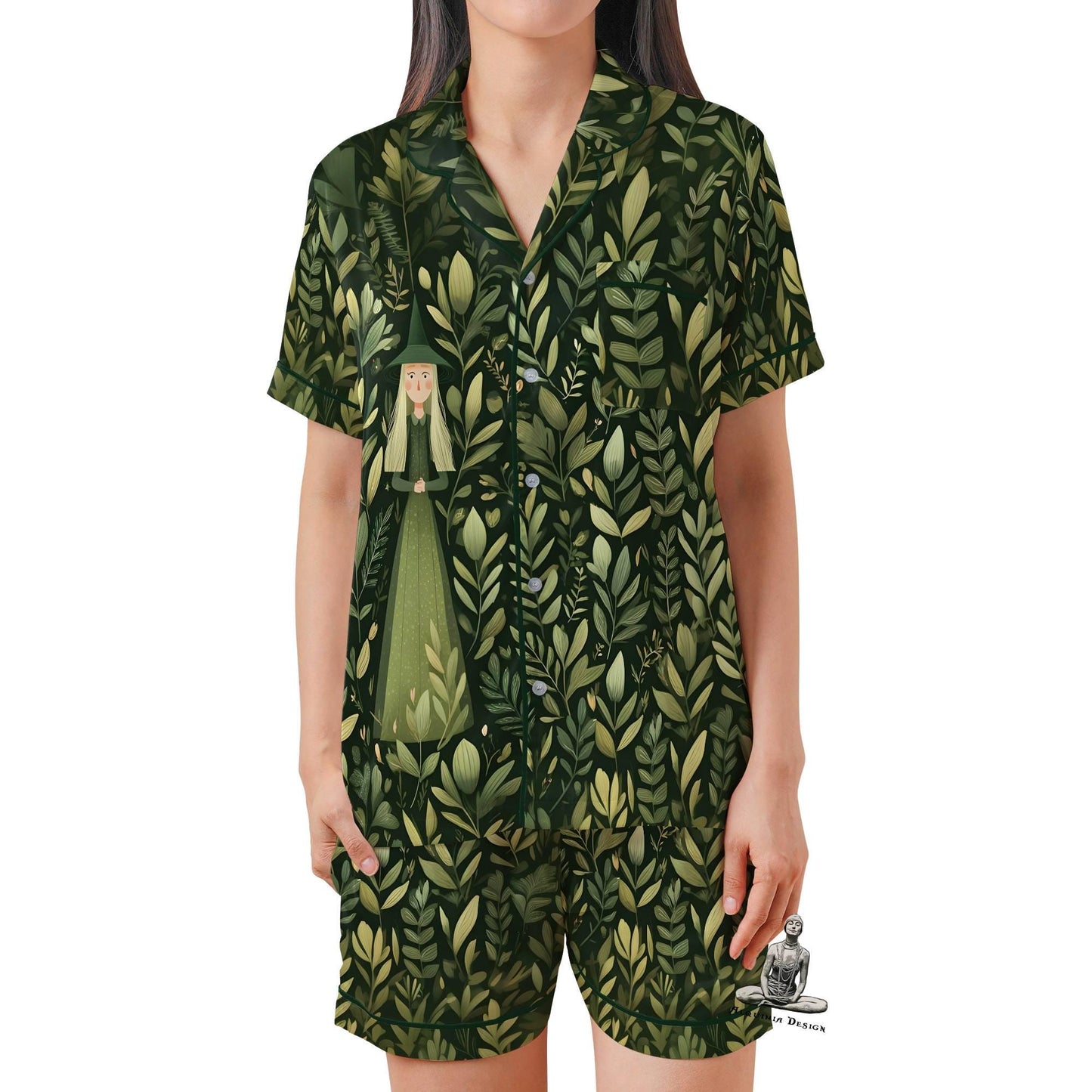 Green Witch Satin Pajama Set - Short Sleeve Wiccan Gift for Plant Lovers Witch