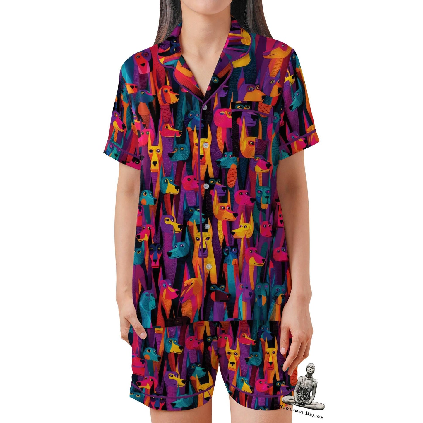 Dog Pajama Set Short Sleeves, Doberman Dog Lover Woman's Satin Pajamas