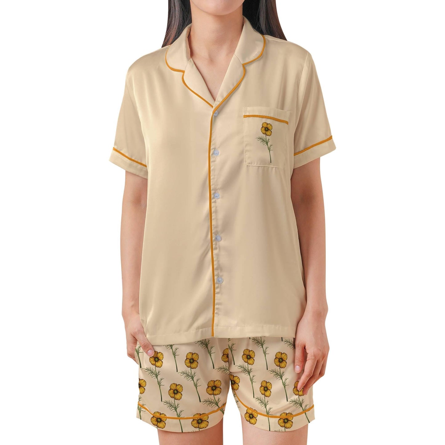 California Poppy Satin Pajama Set - Womens Short Sleeve Poppy Floral Sleepwear