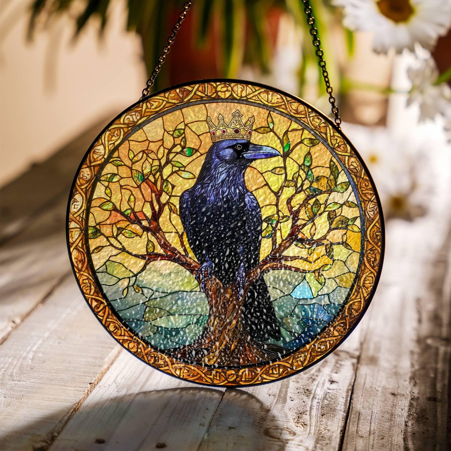 King Raven Stained Glass Sun Catcher - Black Raven Window Hanging Decoration
